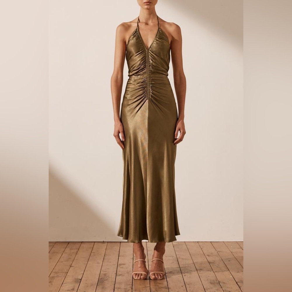 Shona Joy Olive Satin Halter Midi Dress